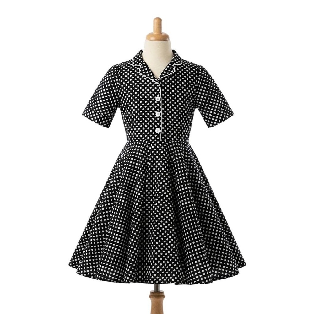 BlackButterfly Sabrina Kids Vintage Polka Dot Dress Black White Retro 50s Sz S